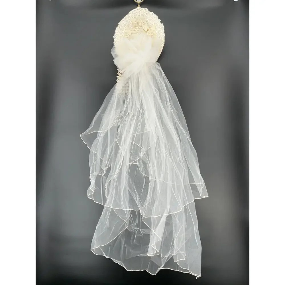 Vintage Bridal Veil Headpiece Lace Floral Pearl Juliet Cap Wedding Ivory